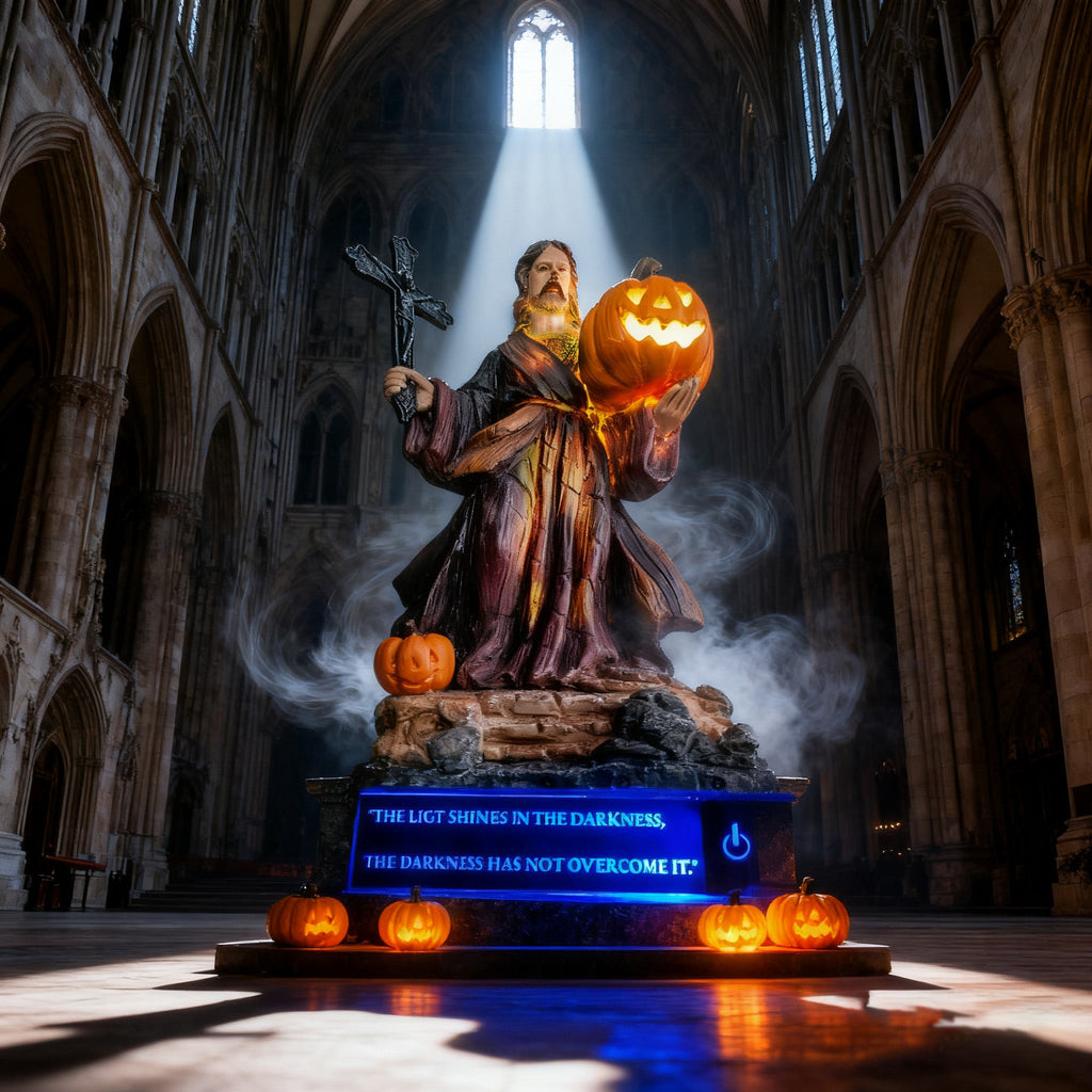 Light of Christ Halloween Jesus Statue with Glowing Pumpkin