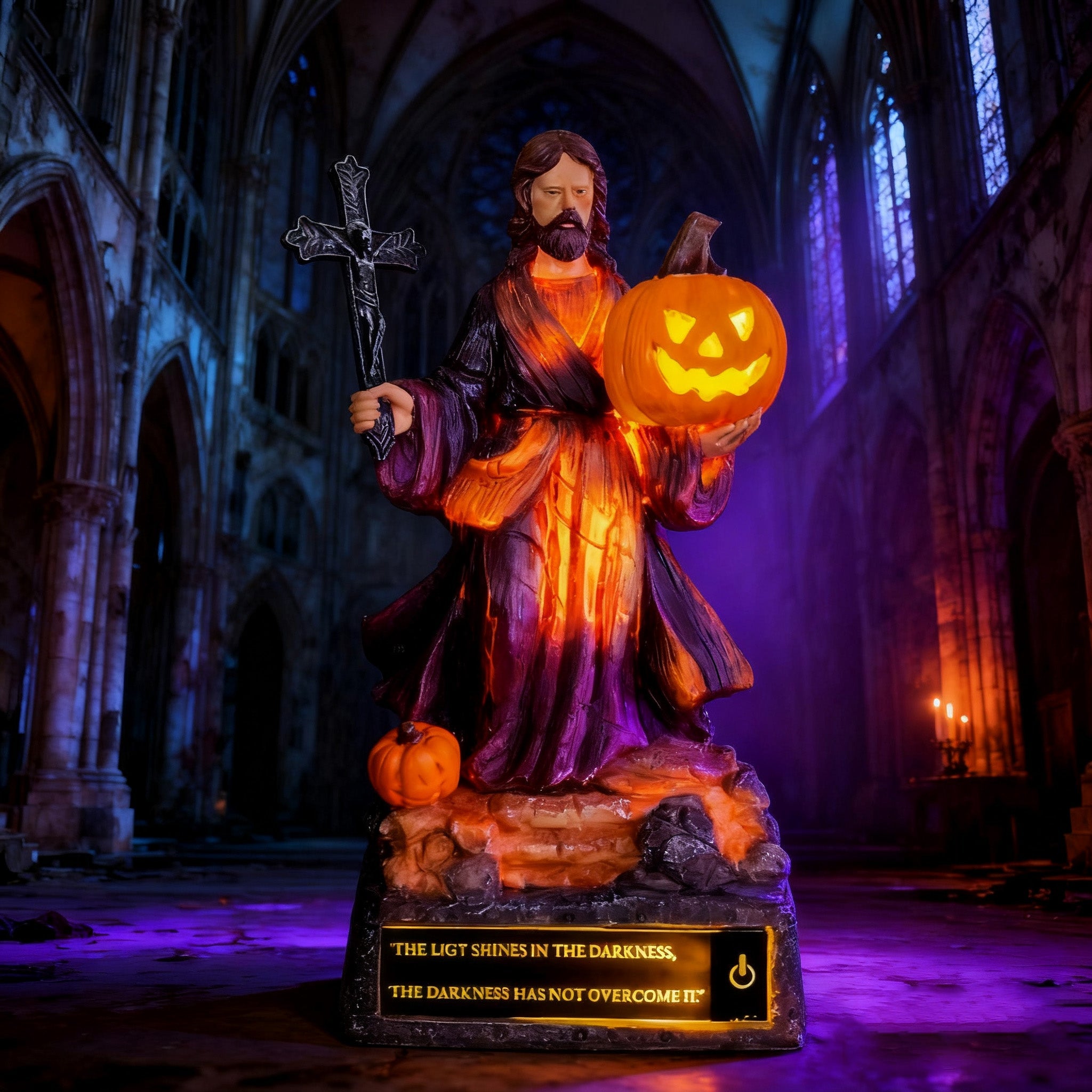 Light of Christ Halloween Jesus Statue with Glowing Pumpkin
