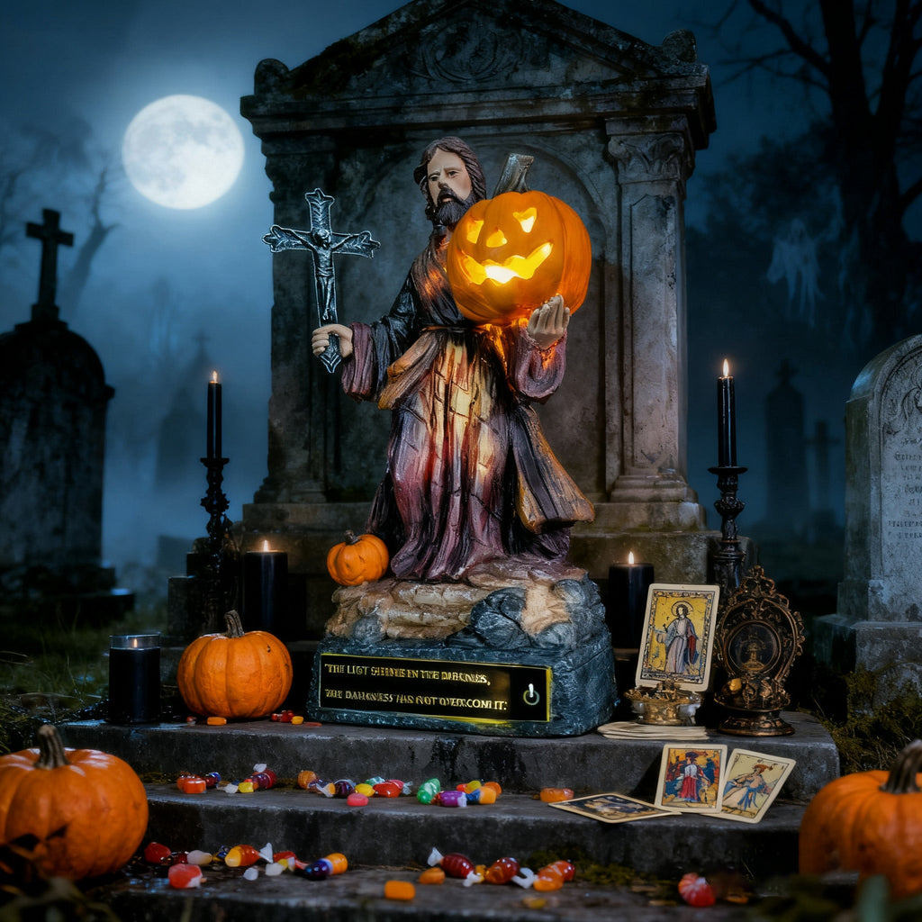 Light of Christ Halloween Jesus Statue with Glowing Pumpkin