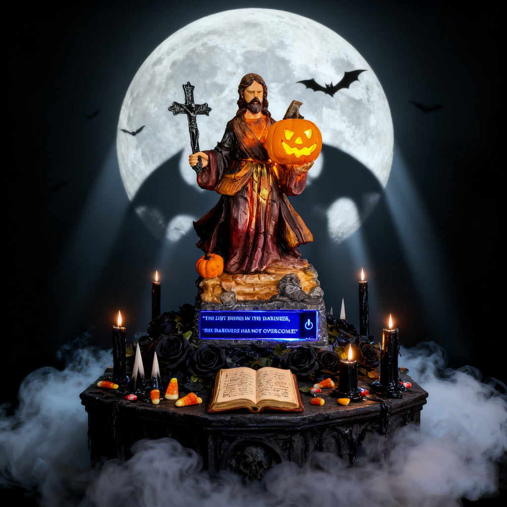 Light of Christ Halloween Jesus Statue with Glowing Pumpkin
