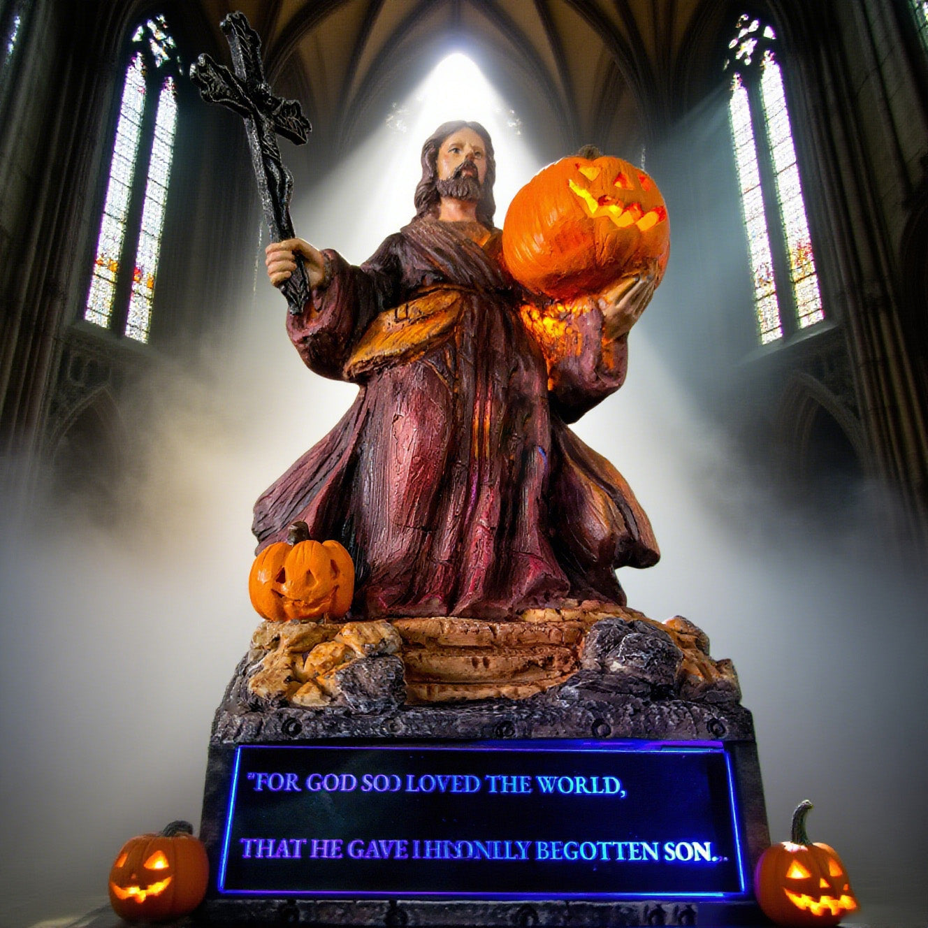 Light of Christ Halloween Jesus Statue with Glowing Pumpkin