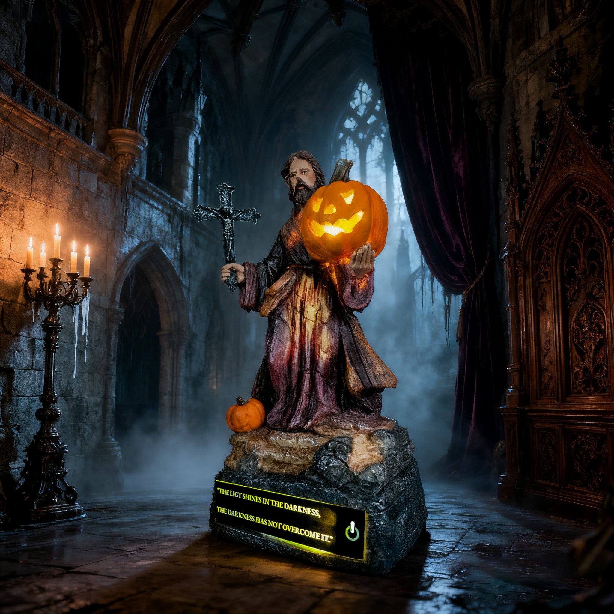 Light of Christ Halloween Jesus Statue with Glowing Pumpkin