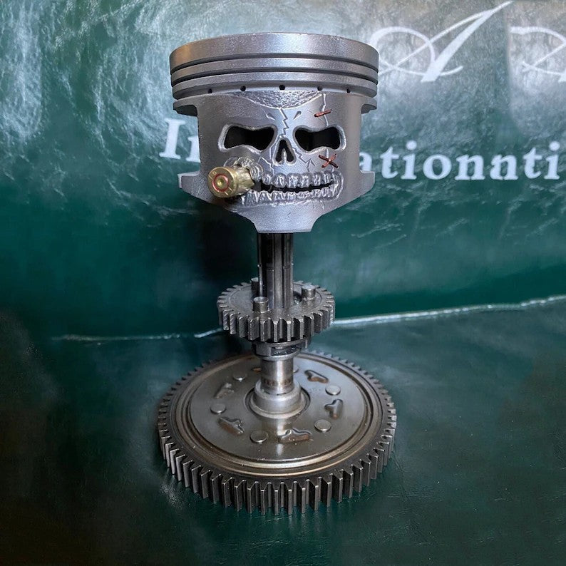 Handcrafted Piston Skull Sculpture – Real Engine Parts