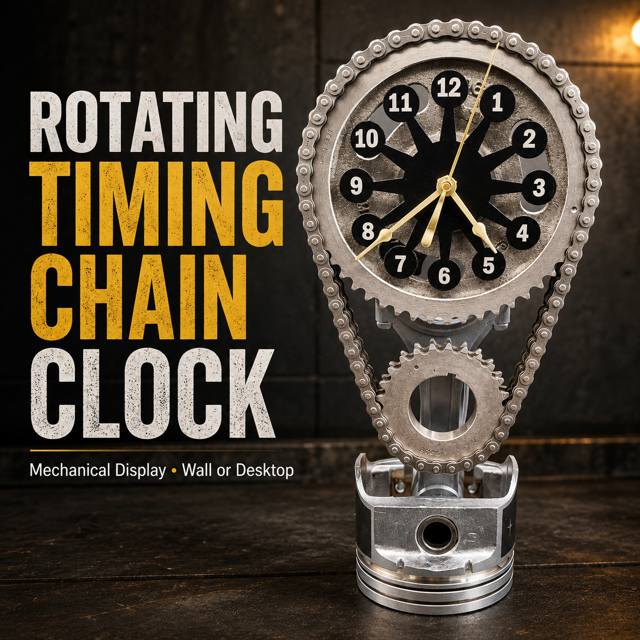 Rotating Timing Chain Gear Clock – Mechanical Piston Desk & Wall Clock