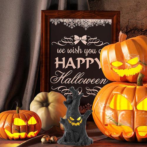 Flickering Halloween Tree - Ghost Face, Raven & Tombstone Decor 👻