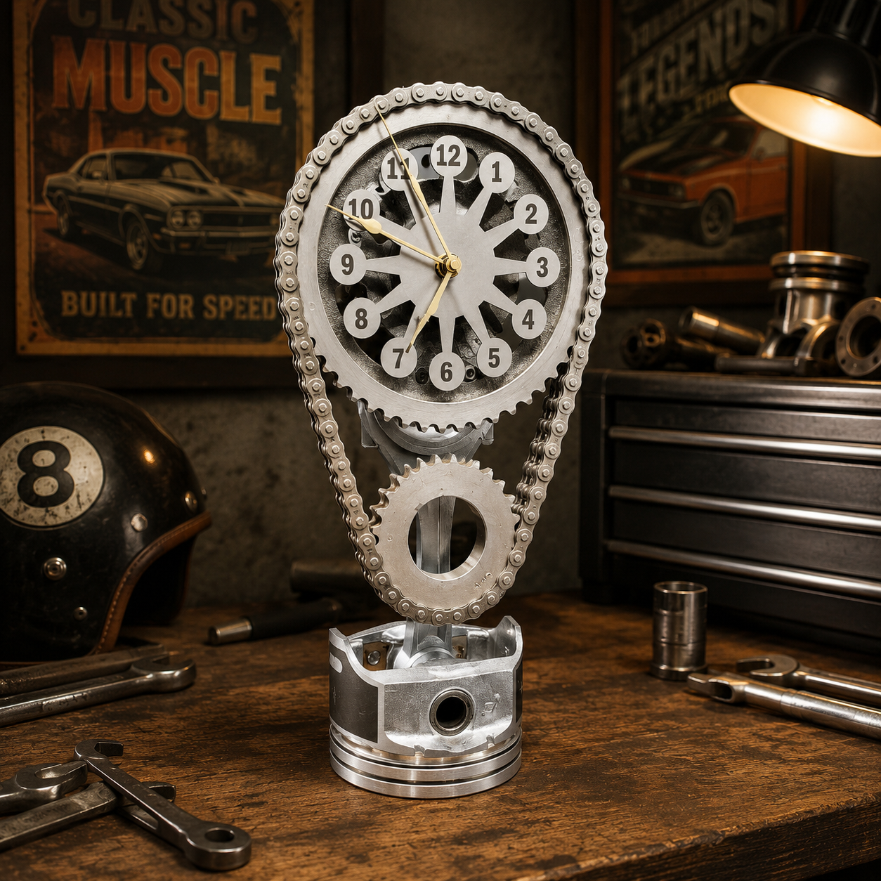 Rotating Timing Chain Gear Clock – Mechanical Piston Desk & Wall Clock