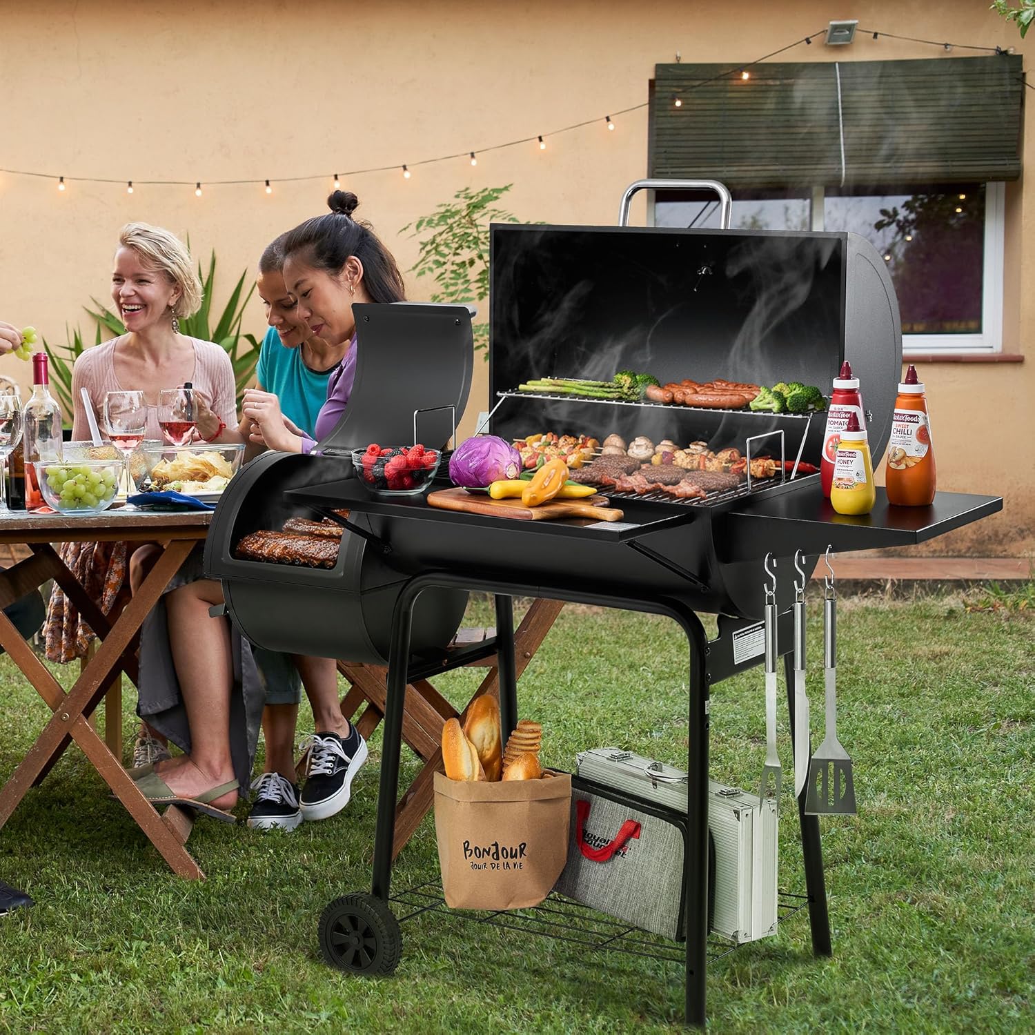 Charcoal BBQ Grill + Offset Smoker + 823 Sq. In.