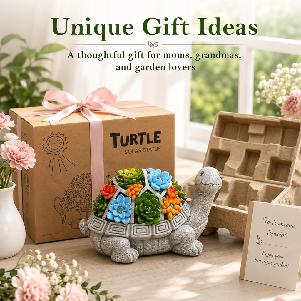 Solar Turtle Garden Statue with Succulent & 7 LED Lights – Outdoor Patio Decor