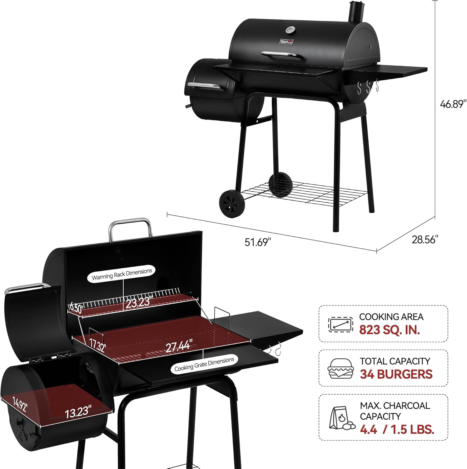 Charcoal BBQ Grill + Offset Smoker + 823 Sq. In.
