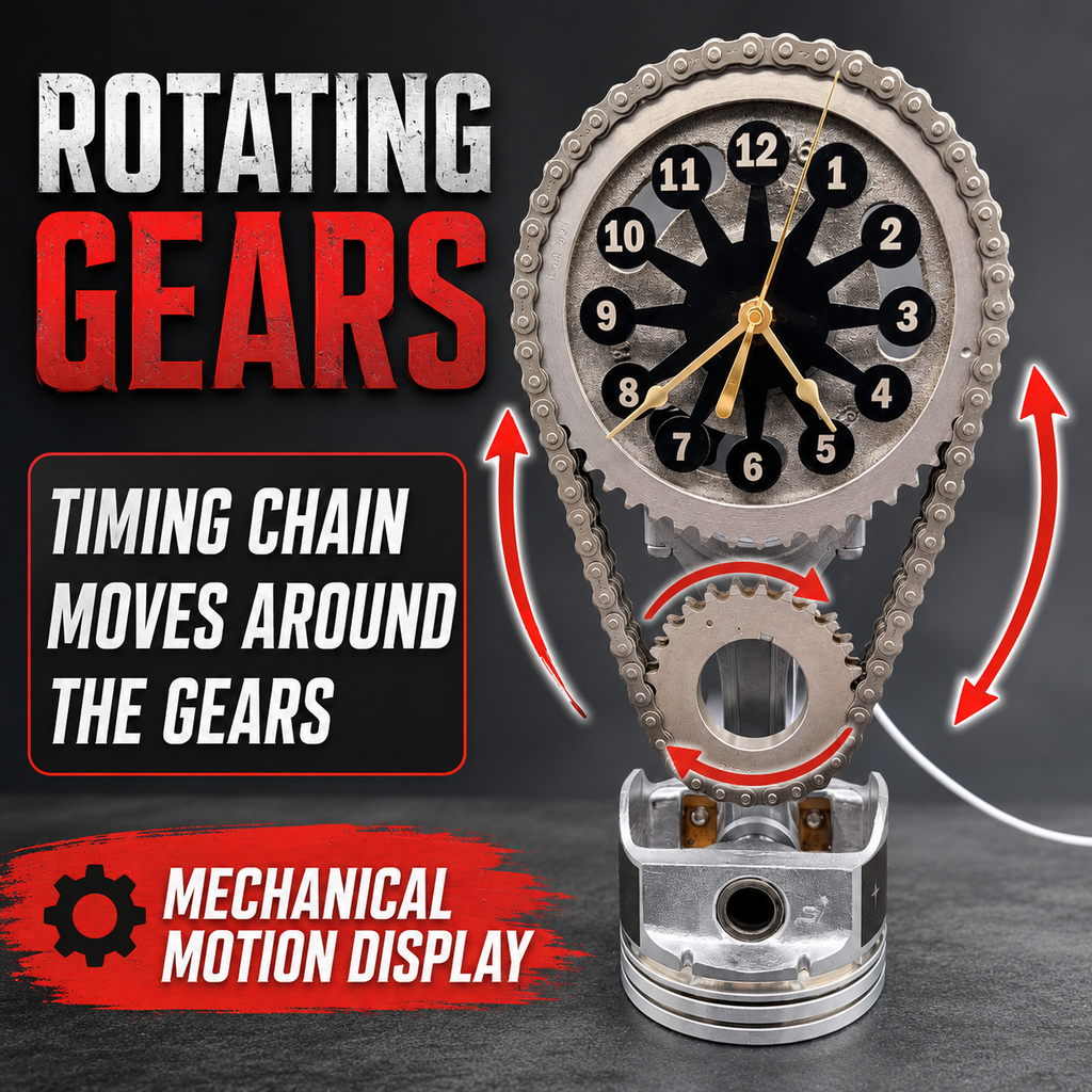 Rotating Timing Chain Gear Clock – Mechanical Piston Desk & Wall Clock