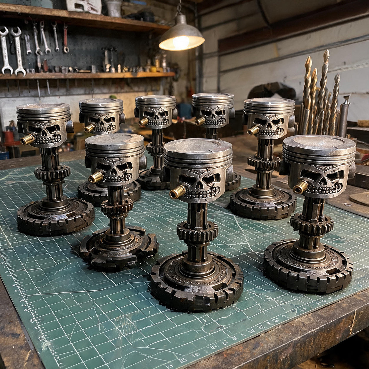 Handcrafted Piston Skull Sculpture – Real Engine Parts