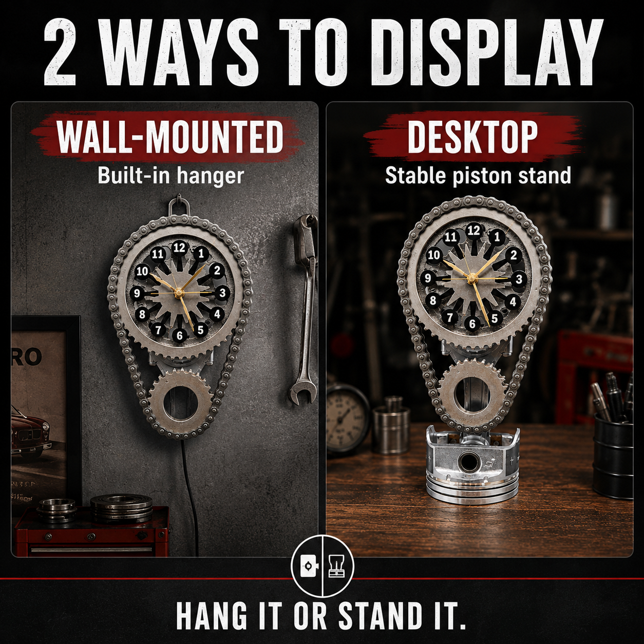 Rotating Timing Chain Gear Clock – Mechanical Piston Desk & Wall Clock