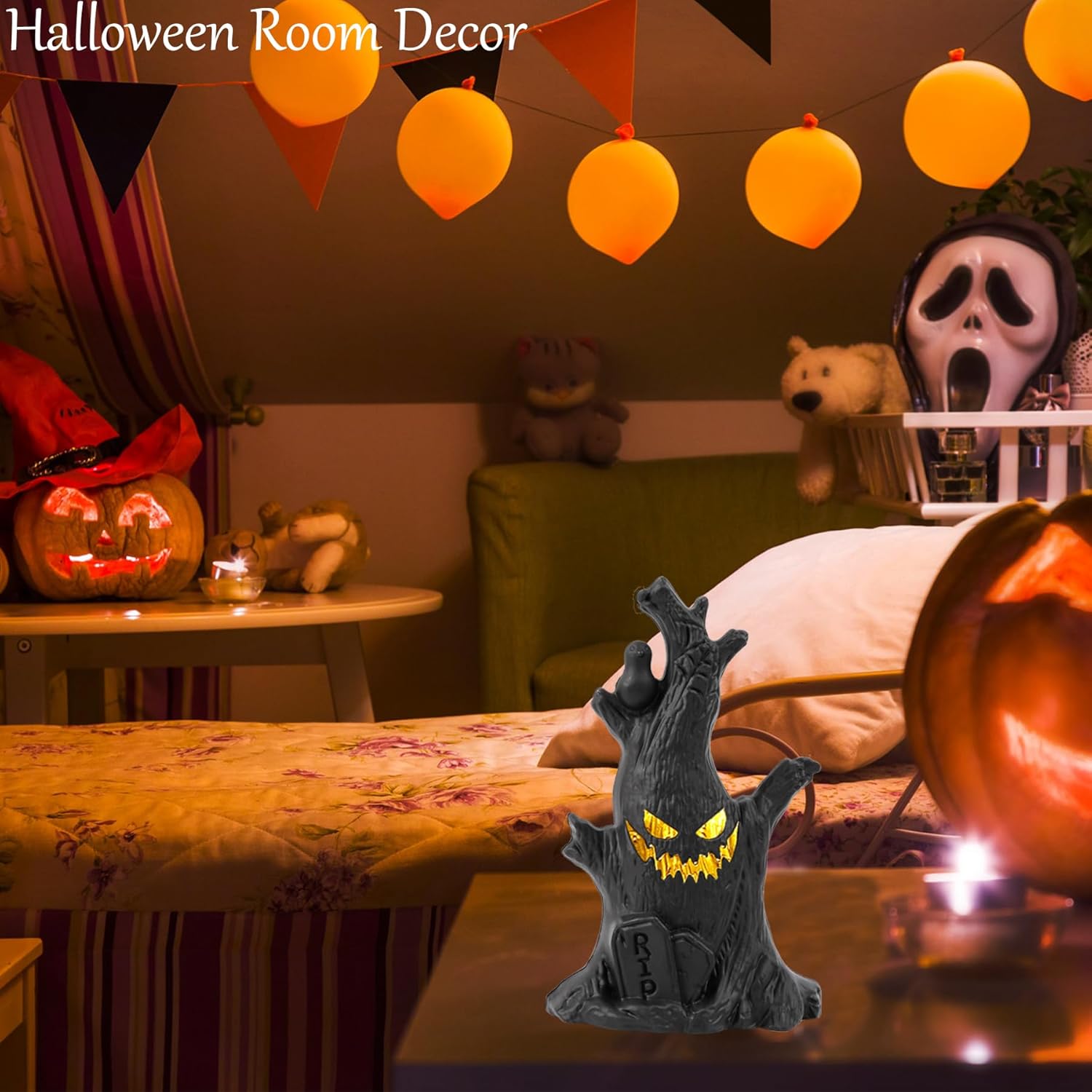 Flickering Halloween Tree - Ghost Face, Raven & Tombstone Decor 👻