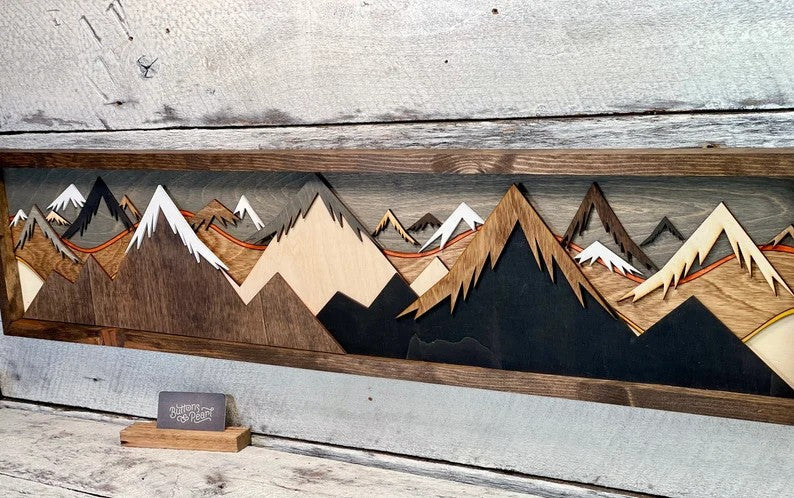 Layered Wood Mountain Wall Art - Handmade 3D Sunset Scene