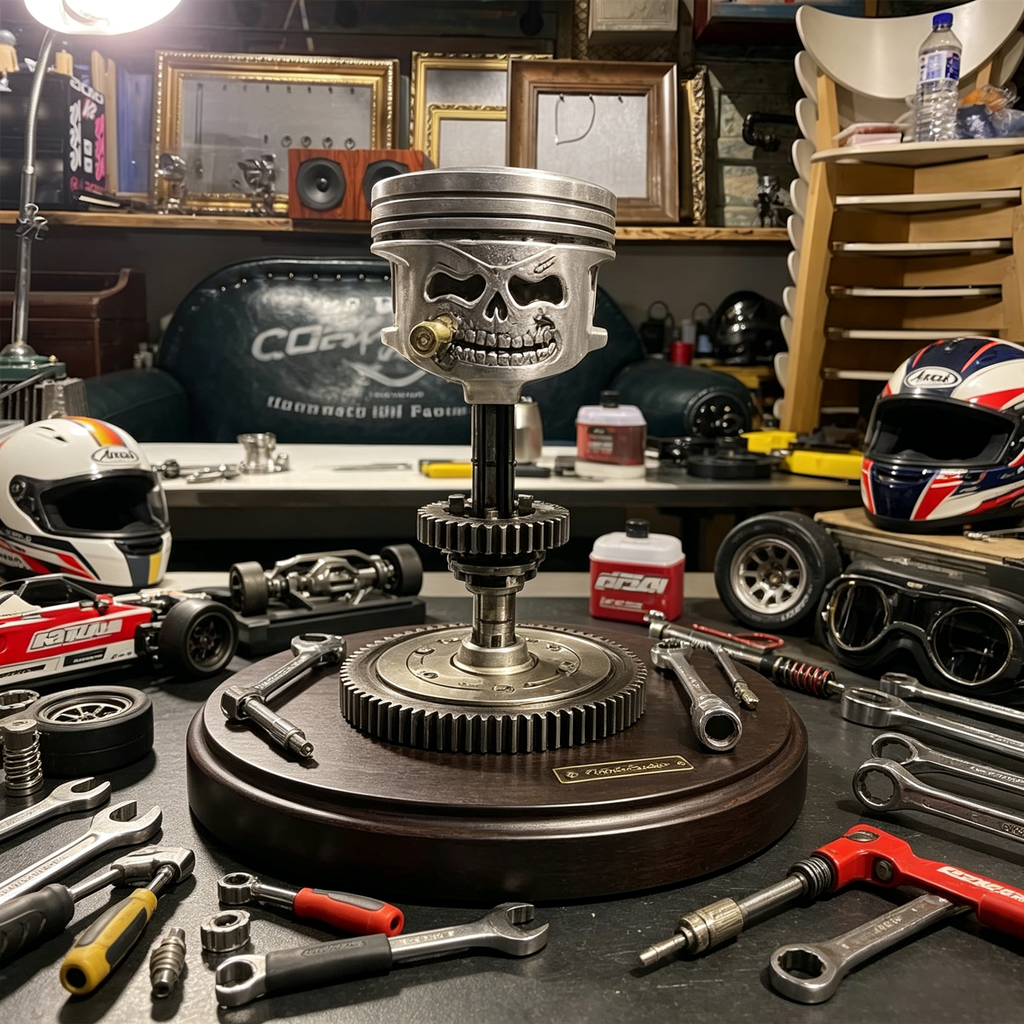 Handcrafted Piston Skull Sculpture – Real Engine Parts