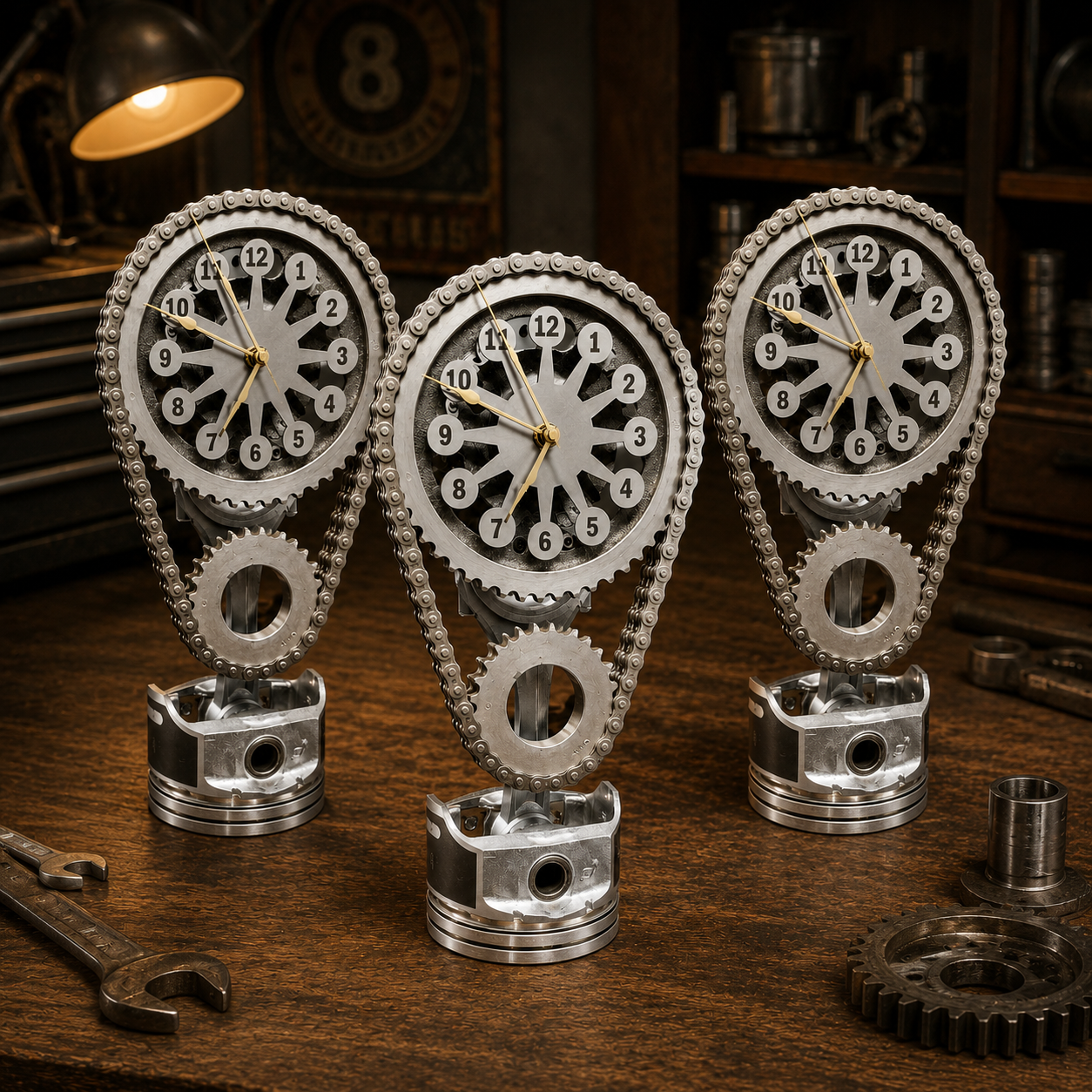 Rotating Timing Chain Gear Clock – Mechanical Piston Desk & Wall Clock