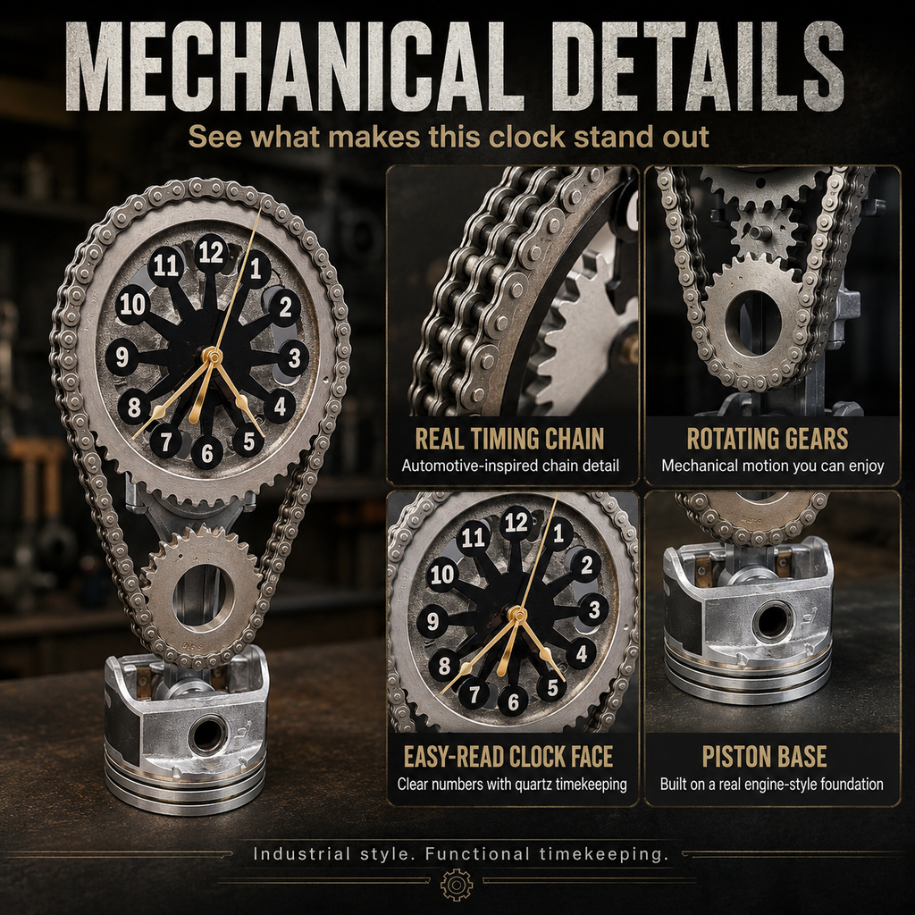 Rotating Timing Chain Gear Clock – Mechanical Piston Desk & Wall Clock