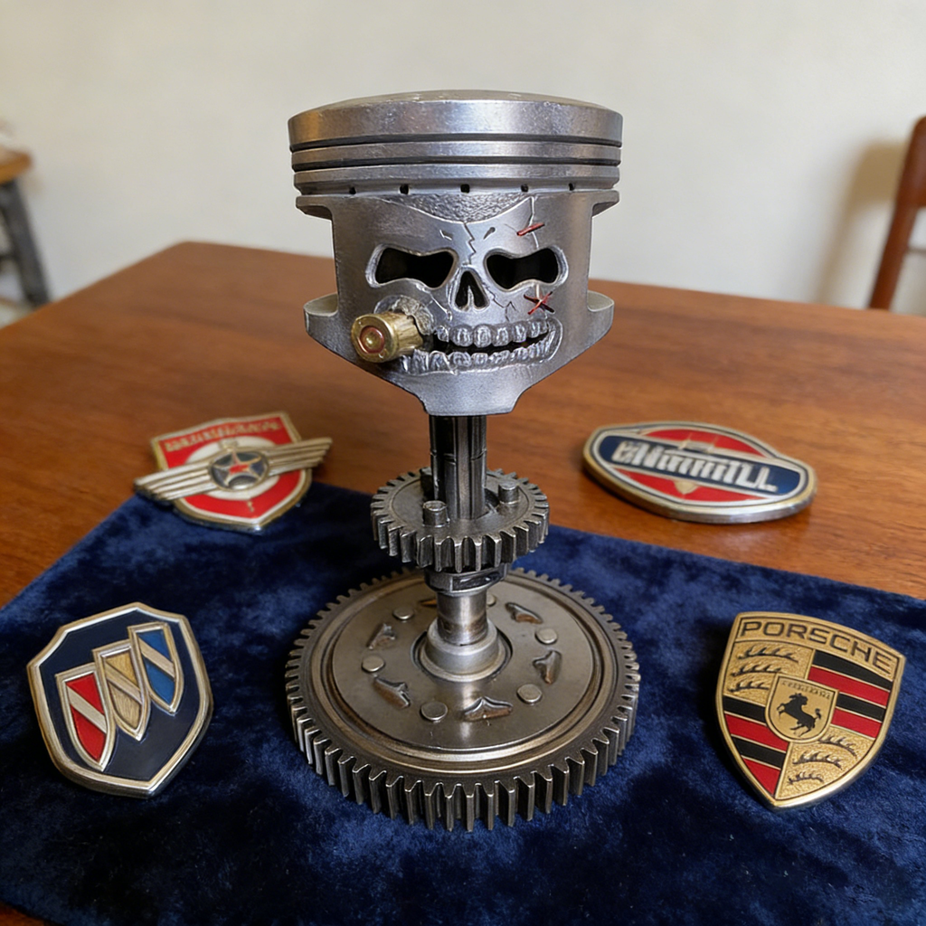 Handcrafted Piston Skull Sculpture – Real Engine Parts