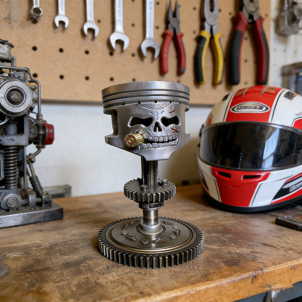 Handcrafted Piston Skull Sculpture – Real Engine Parts