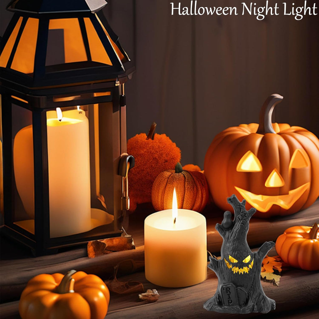Flickering Halloween Tree - Ghost Face, Raven & Tombstone Decor 👻