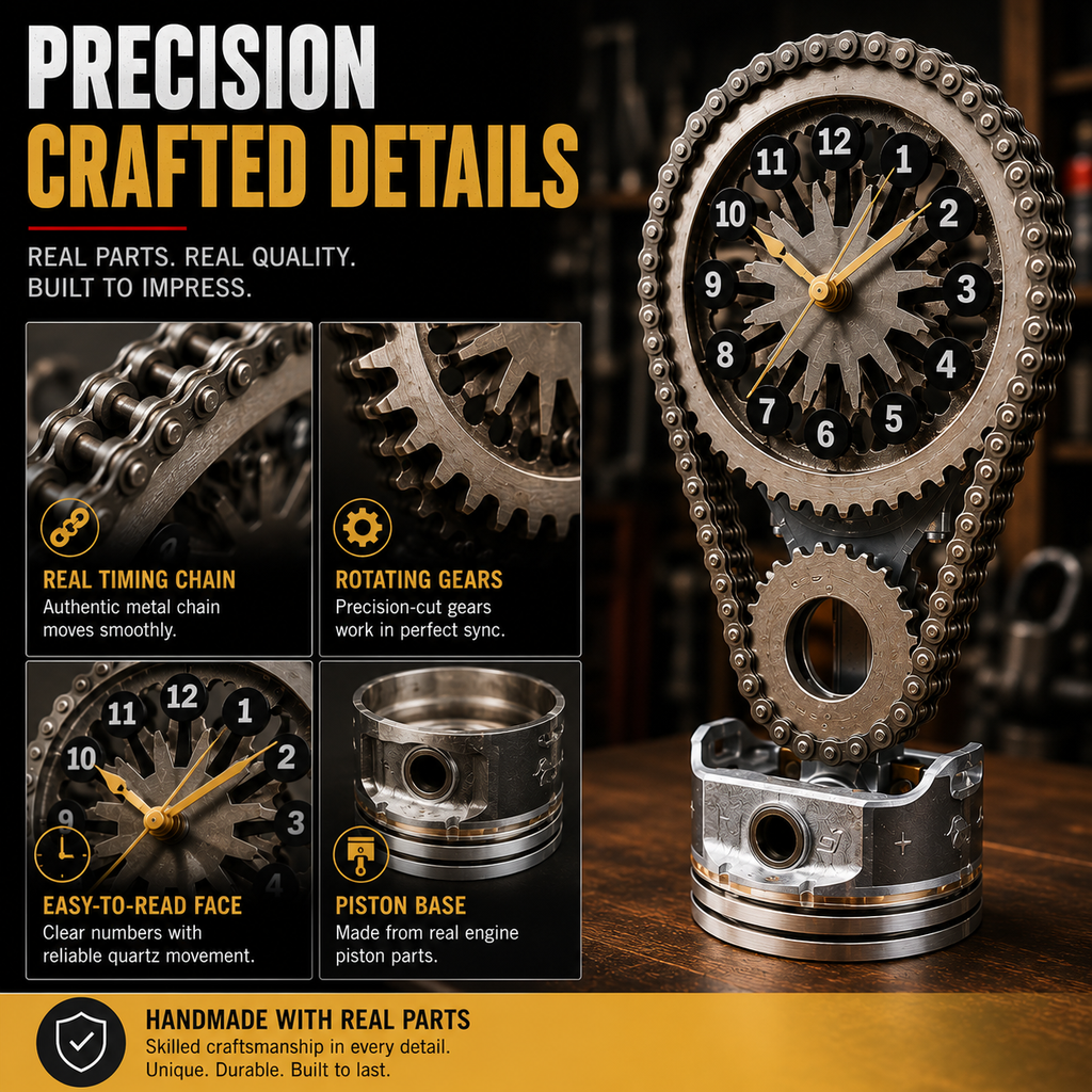 Rotating Timing Chain Gear Clock – Mechanical Piston Desk & Wall Clock
