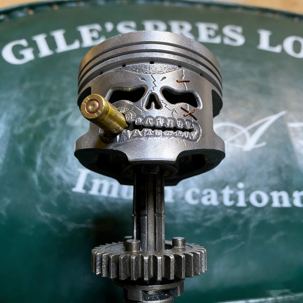 Handcrafted Piston Skull Sculpture – Real Engine Parts