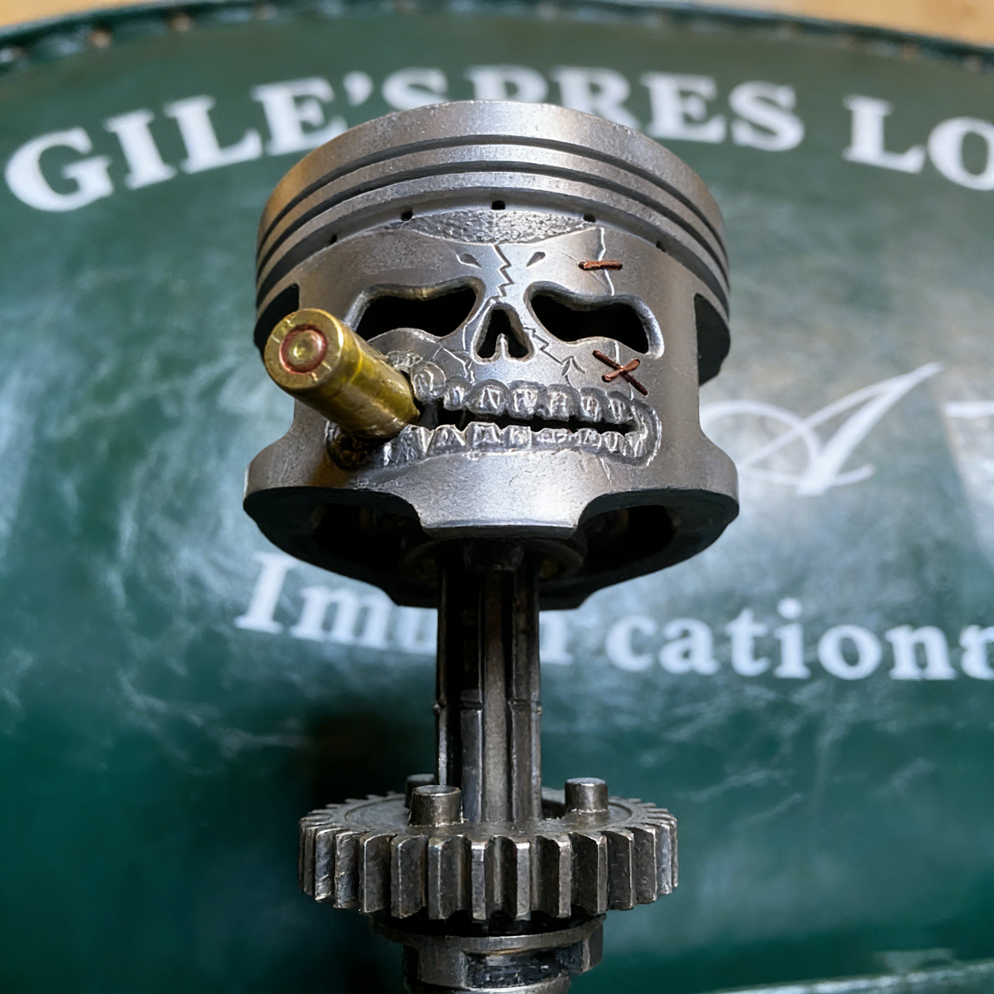 Handcrafted Piston Skull Sculpture – Real Engine Parts