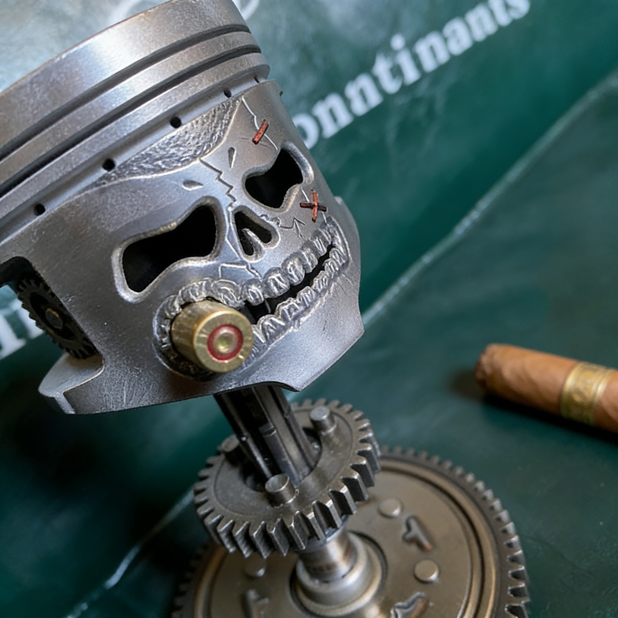 Handcrafted Piston Skull Sculpture – Real Engine Parts