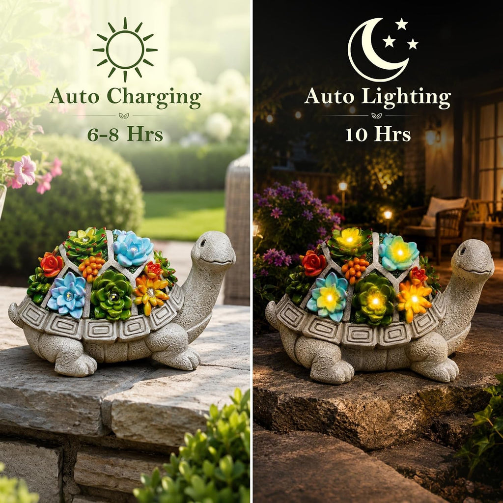 Solar Turtle Garden Statue with Succulent & 7 LED Lights – Outdoor Patio Decor