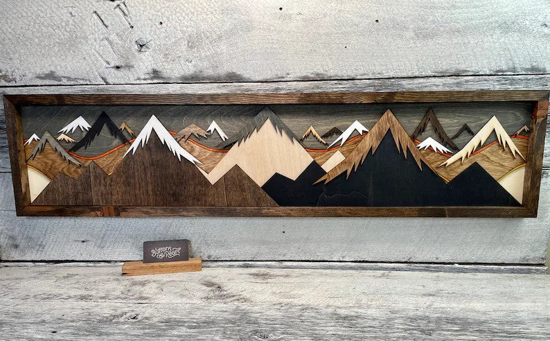 Layered Wood Mountain Wall Art - Handmade 3D Sunset Scene