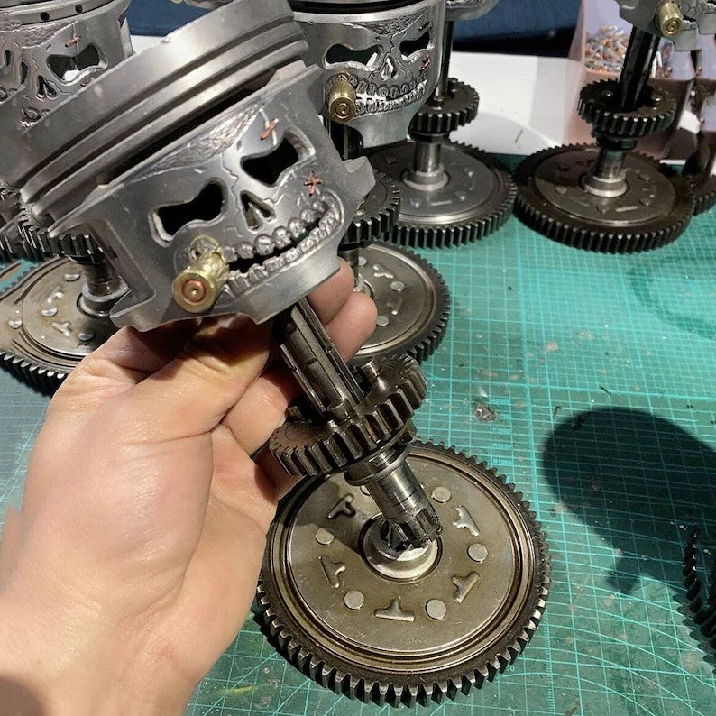 Handcrafted Piston Skull Sculpture – Real Engine Parts